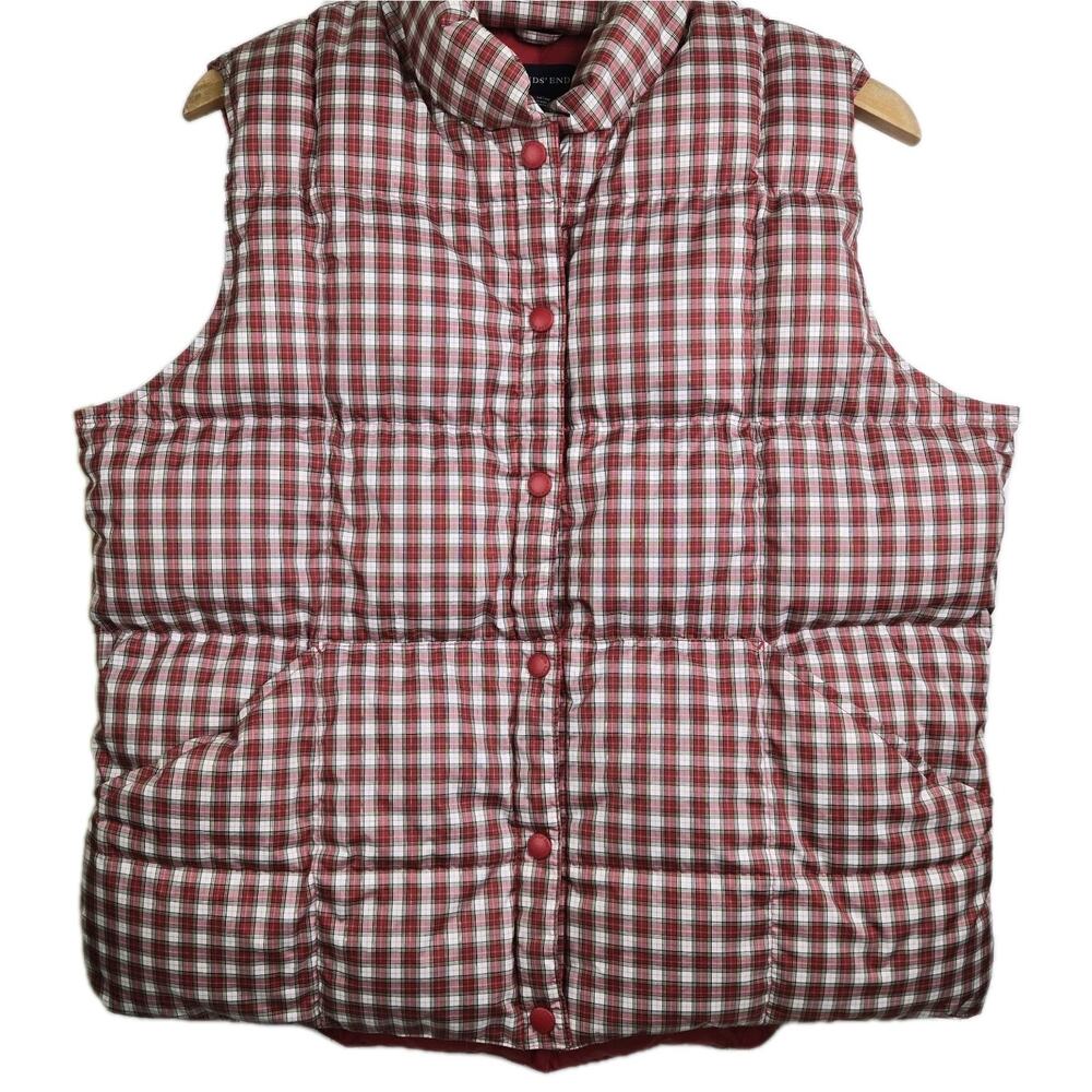 LANDS END Down Puffer Vest Women Size L Red Tartan Plaid Snap Up